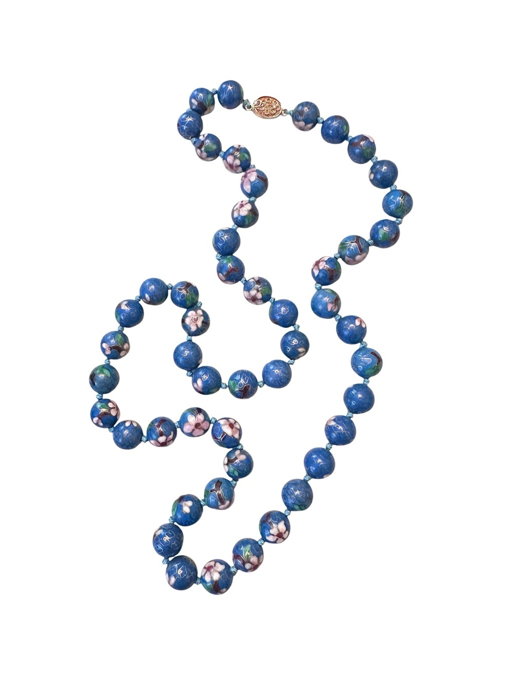Vintage Blue Floral Cloisonné Necklace 28”